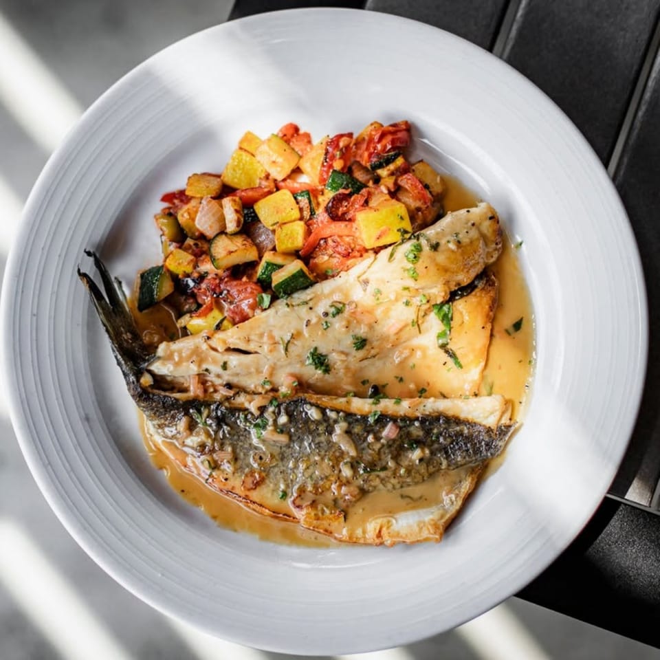 Whole roasted fish with a light sauce and a side of colorful diced vegetables on a white plate.